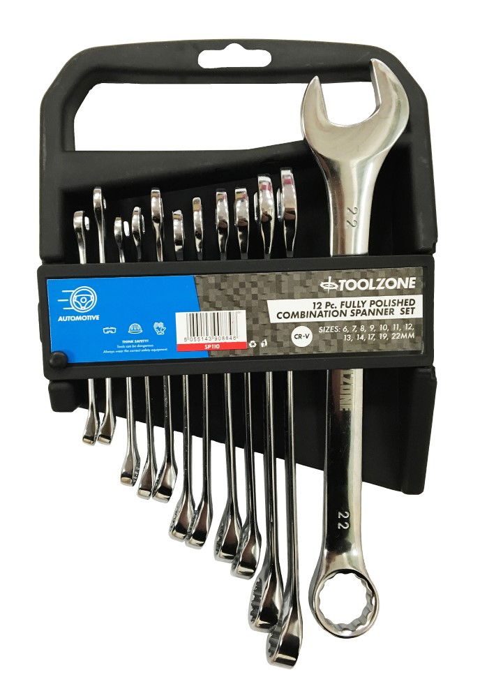 COMBINATION SPANNER SET 12PC 6 TO 22mm POLISHED CHROME VANADIUM - TOOLZONE KDPSP110