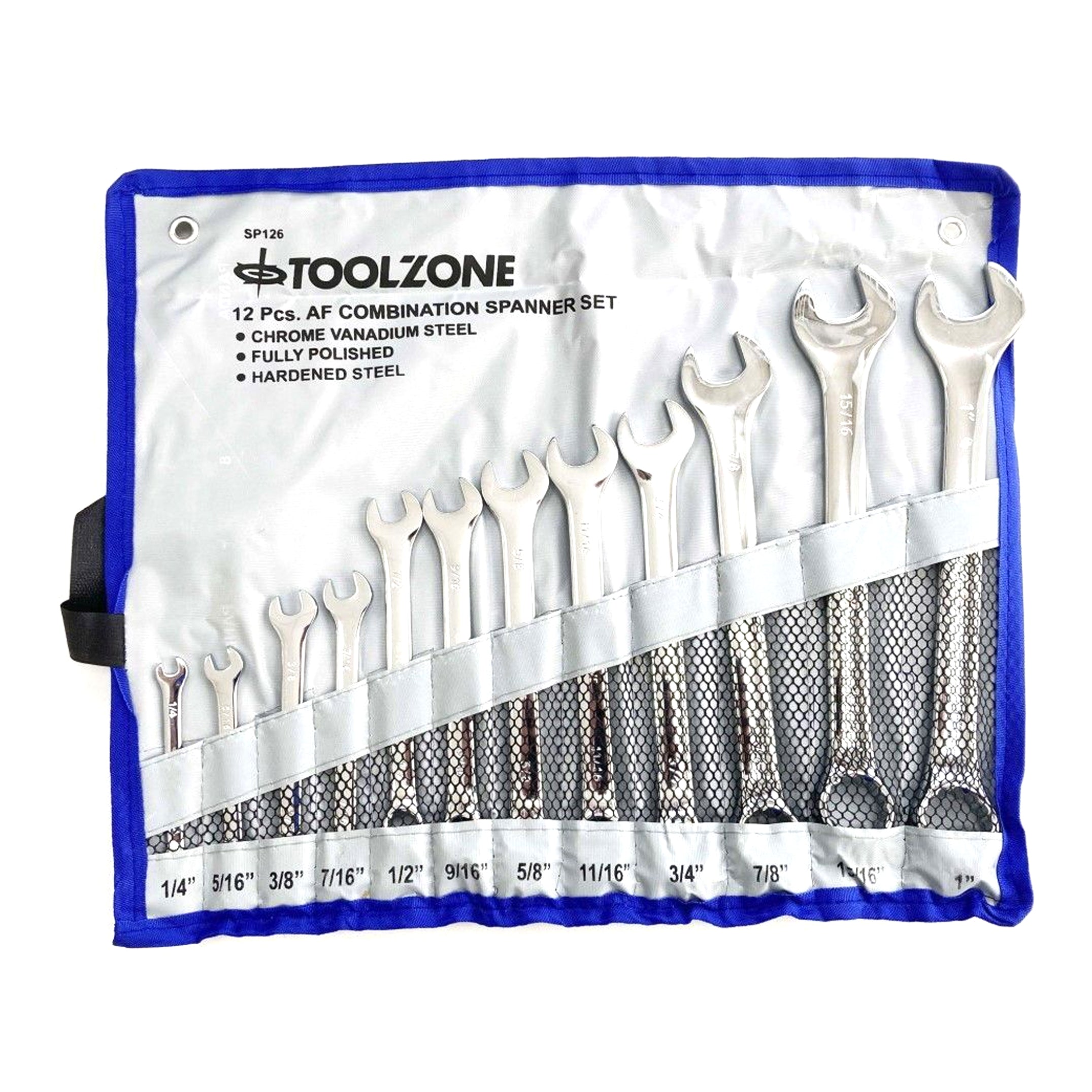 COMBINATION SPANNER SET 12pc AF CHROME VANADIUM SATIN FINISH - TOOLZONE KDPSP126