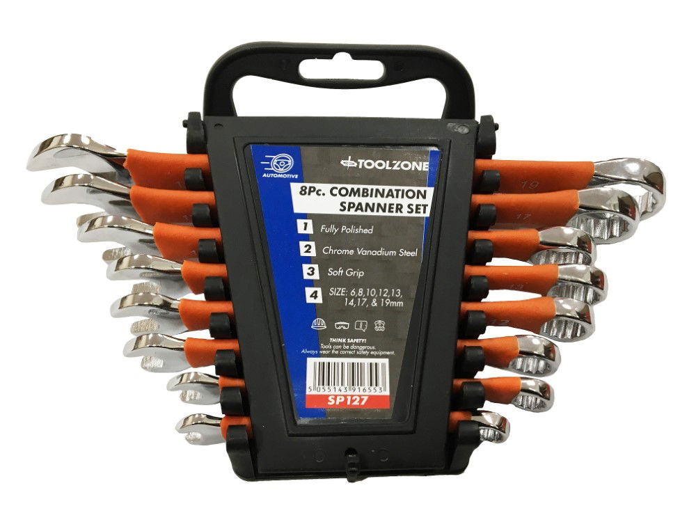 COMBINATION SPANNER SET 8pc SOFTGRIP CHROME VANADIUM POLISHED FINISH - TOOLZONE KDPSP127