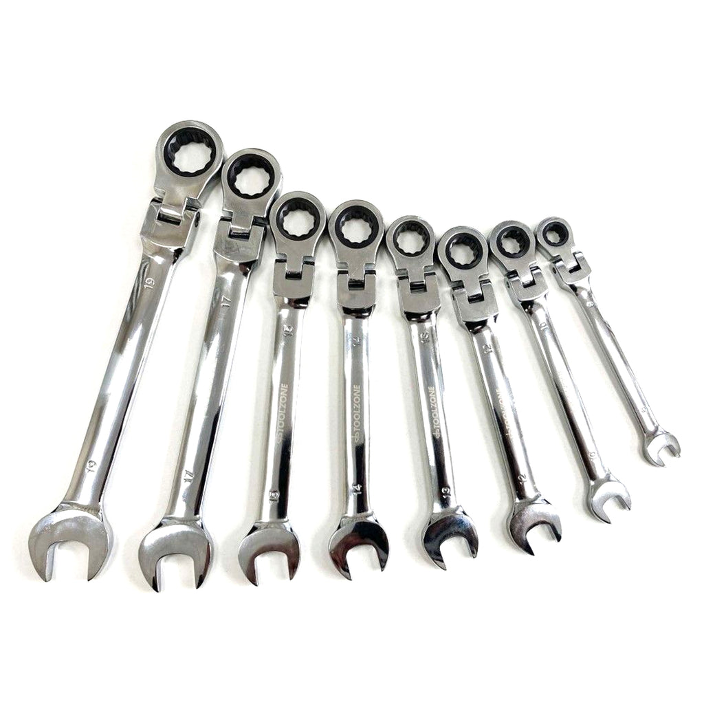 FLEX RATCHET COMBINATION WRENCH SET 8pc METRIC CHROME VANADIUM POLISHED FINISH - TOOLZONE KDPSP128
