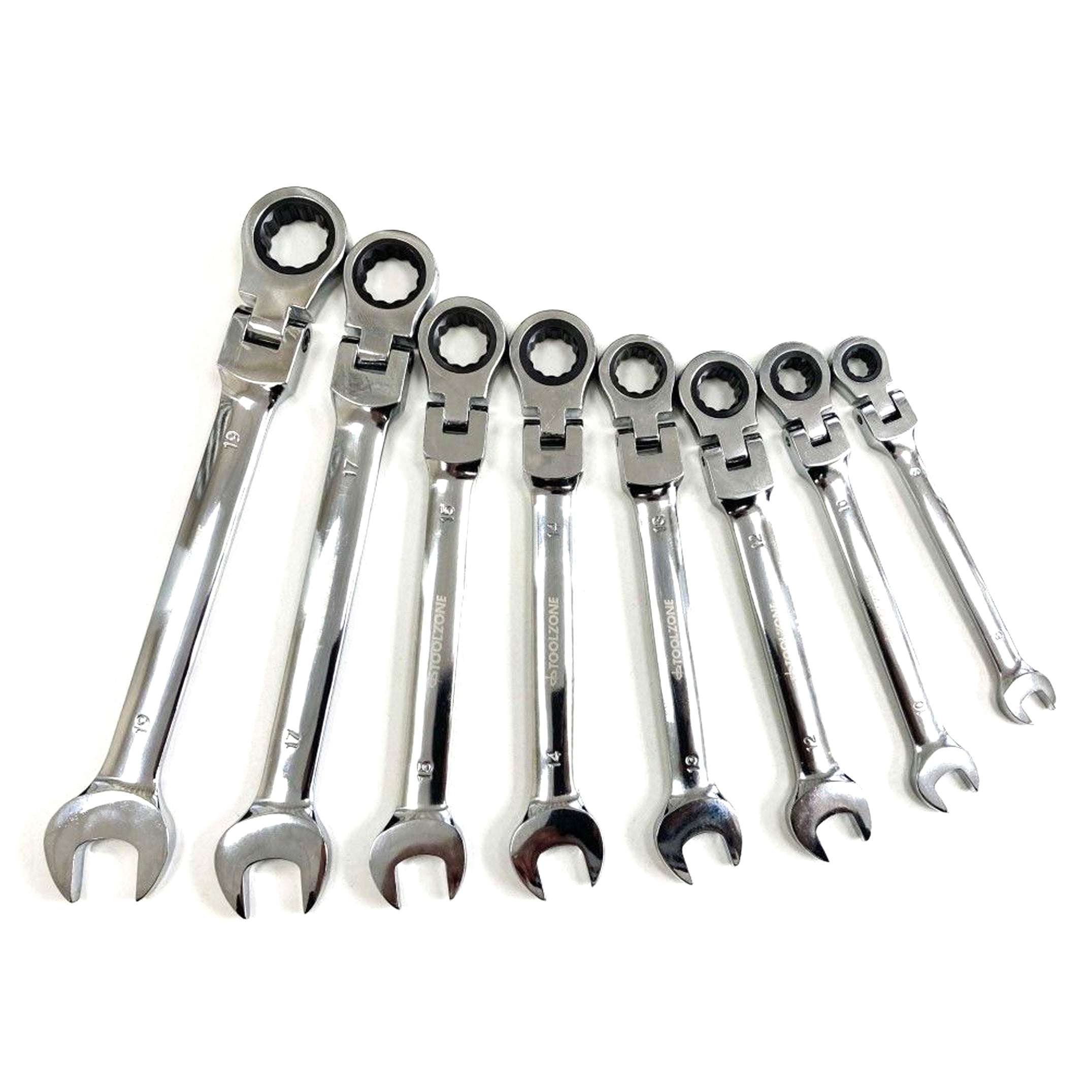 FLEX RATCHET COMBINATION WRENCH SET 8pc METRIC CHROME VANADIUM POLISHED FINISH - TOOLZONE KDPSP128