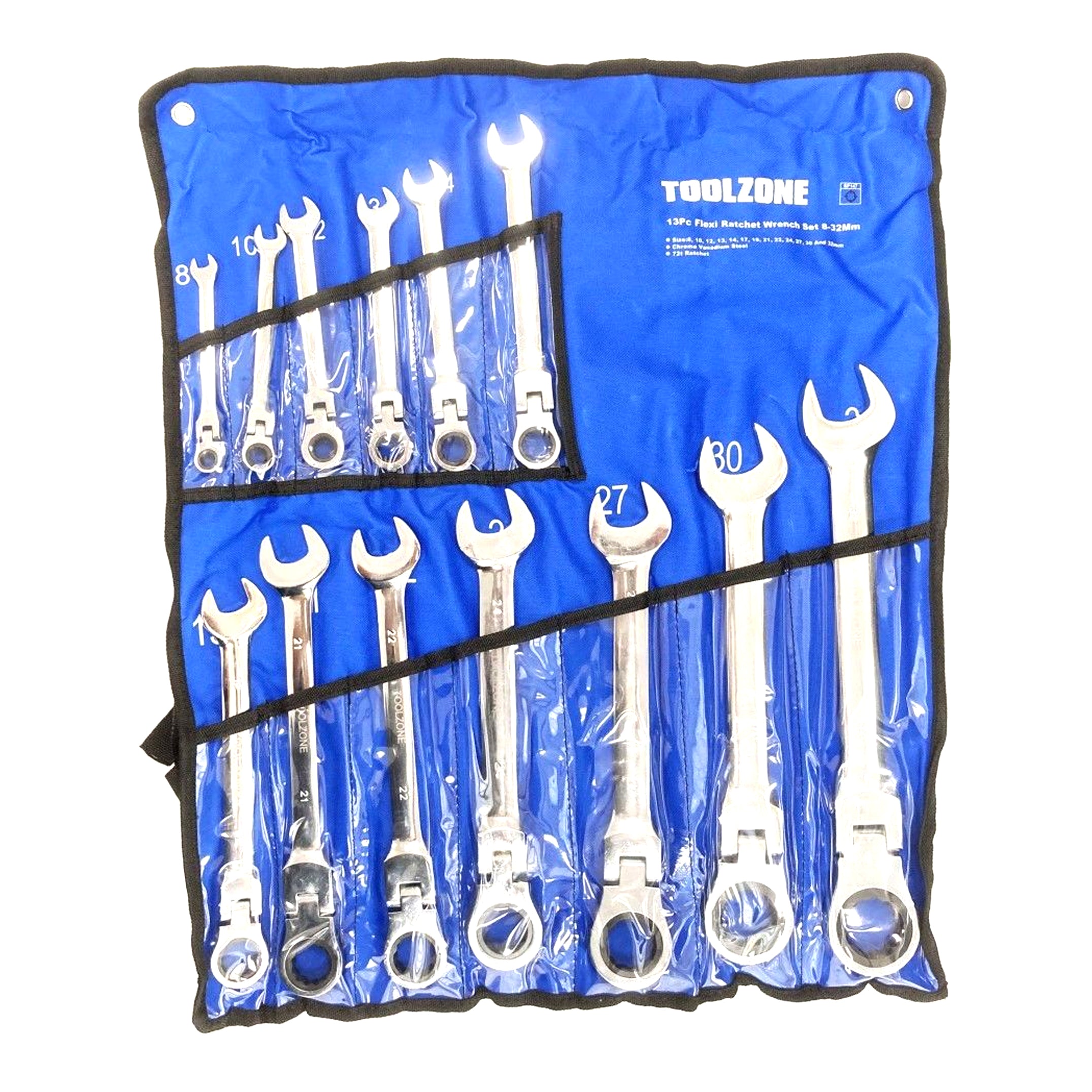 FLEXI RATCHET WRENCH SET 13pc 8-32mm 72 TEETH CHROME VANADIUM - TOOLZONE KDPSP147