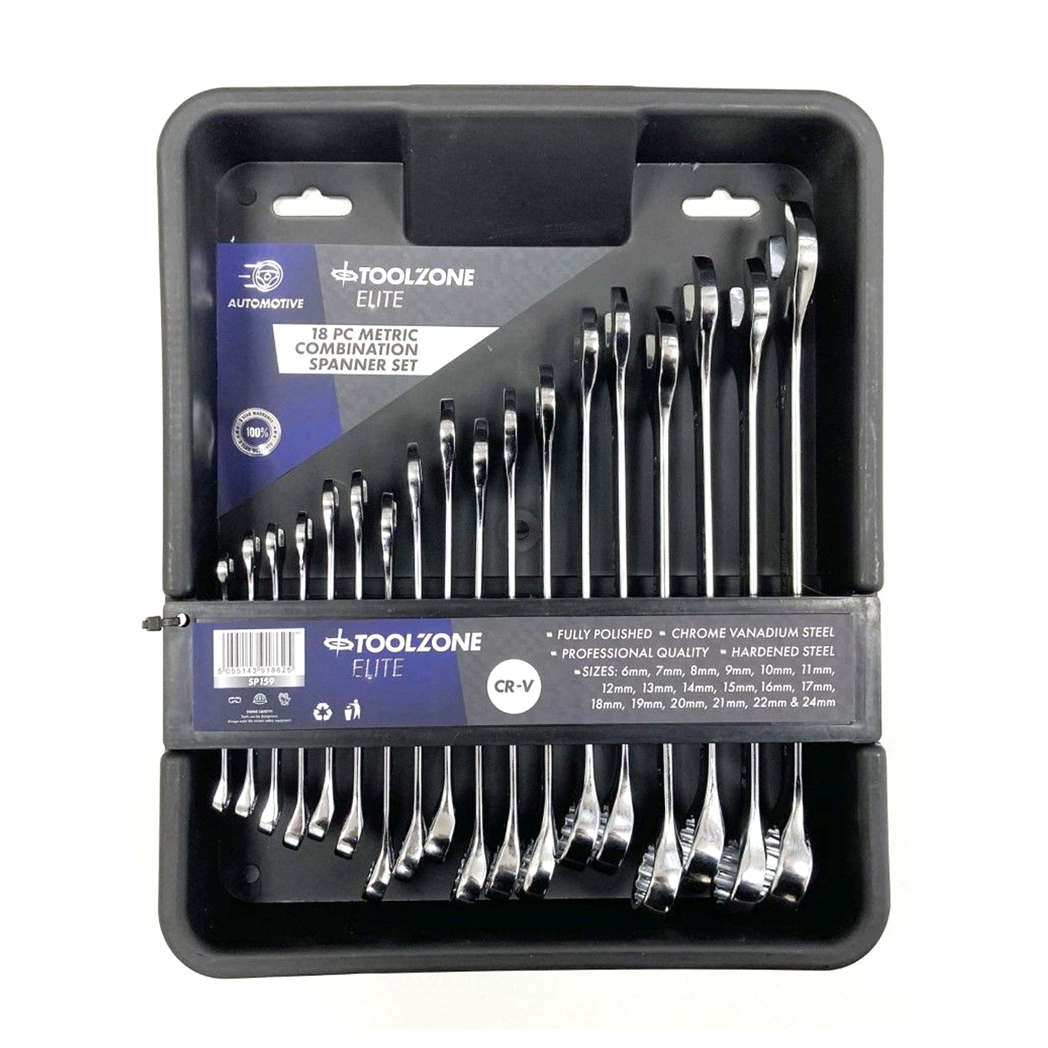 COMBINATION SPANNER SET 18pc 6-32mm CHROME VANADIUM IN TRAY - TOOLZONE KDPSP159