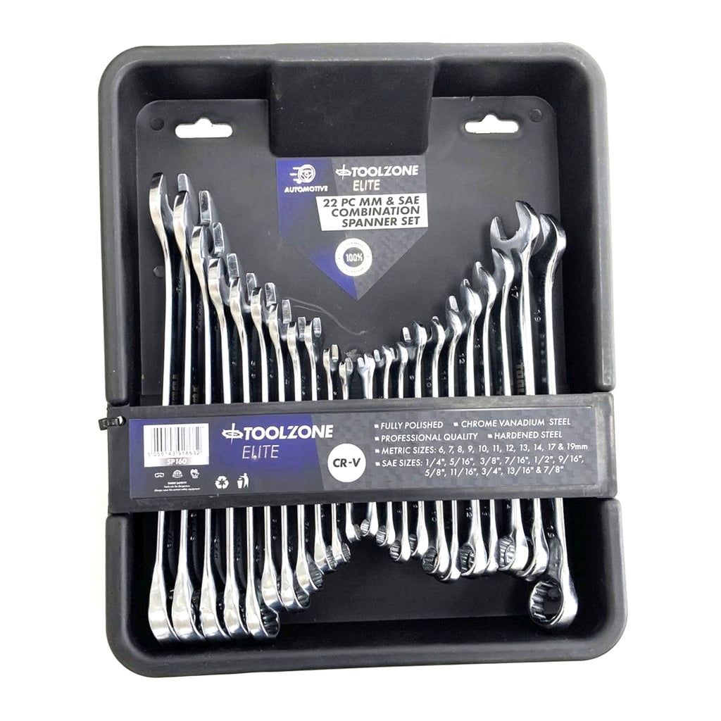 COMBINATION SPANNER SET 22pc METRIC/AF CHROME VANADIUM IN TRAY - TOOLZONE KDPSP160
