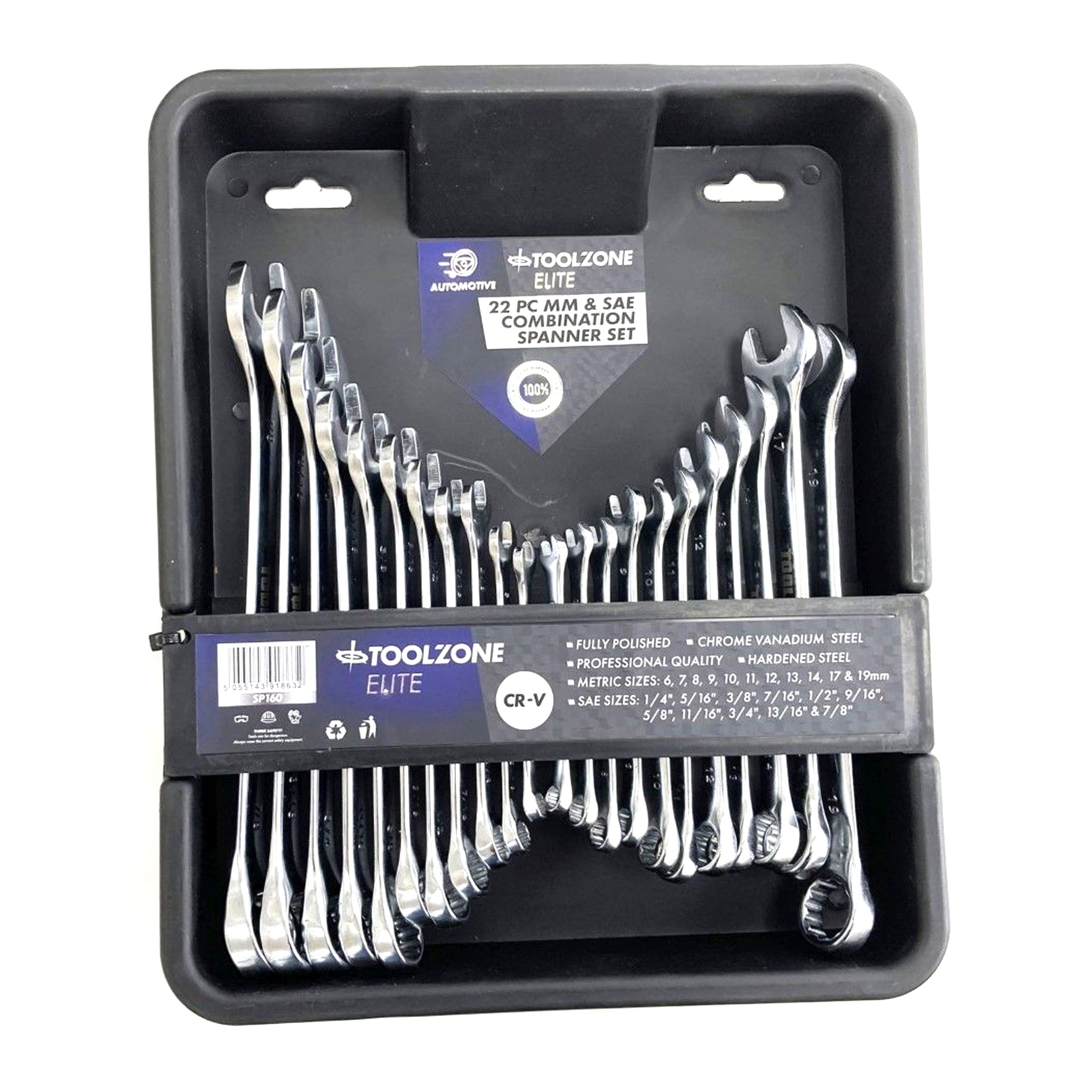 COMBINATION SPANNER SET 22pc METRIC/AF CHROME VANADIUM IN TRAY - TOOLZONE KDPSP160