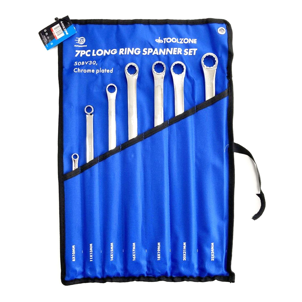 LONG RING SPANNER SET 7pc 8-24mm 50BV30 STEEL IN POUCH - TOOLZONE KDPSP171