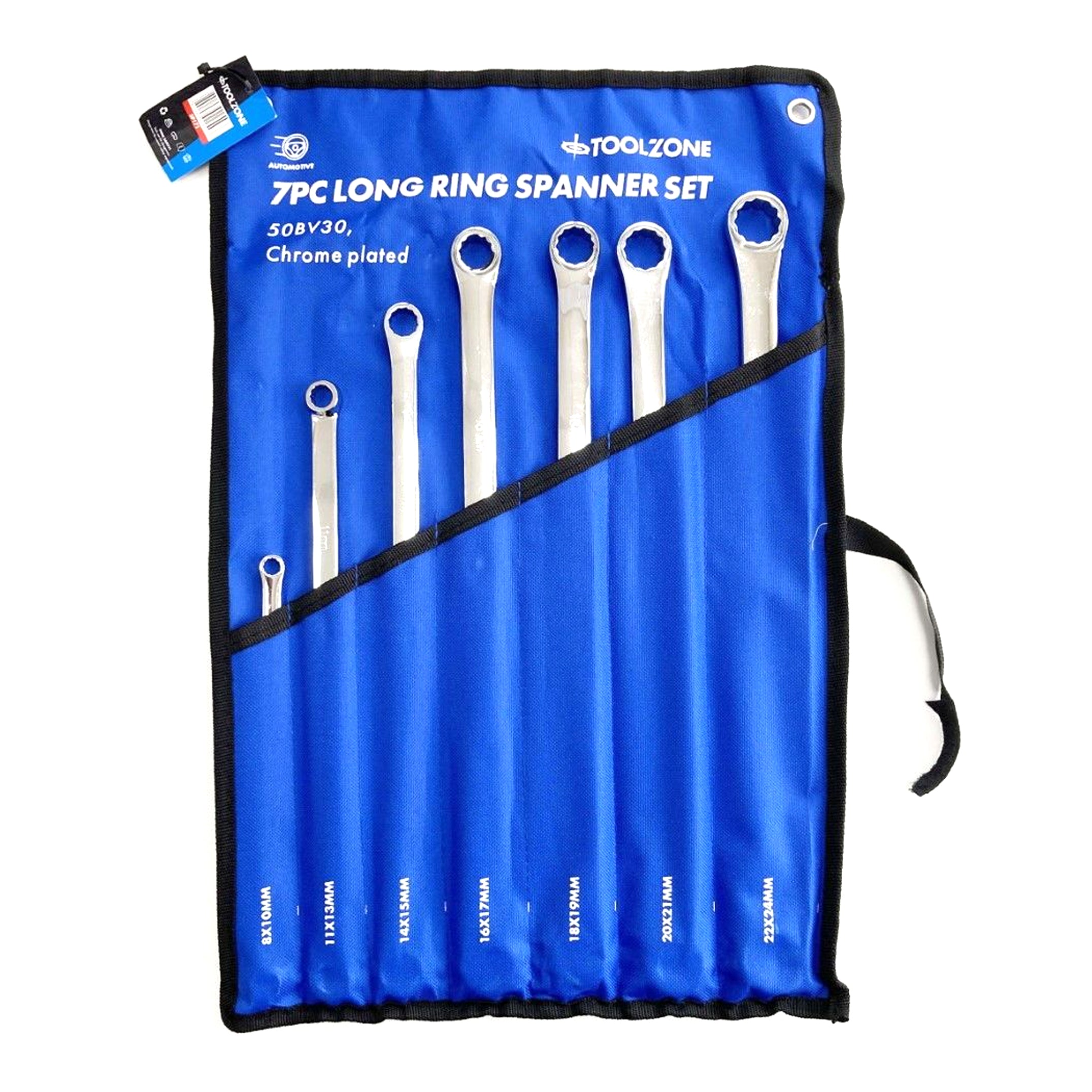 LONG RING SPANNER SET 7pc 8-24mm 50BV30 STEEL IN POUCH - TOOLZONE KDPSP171