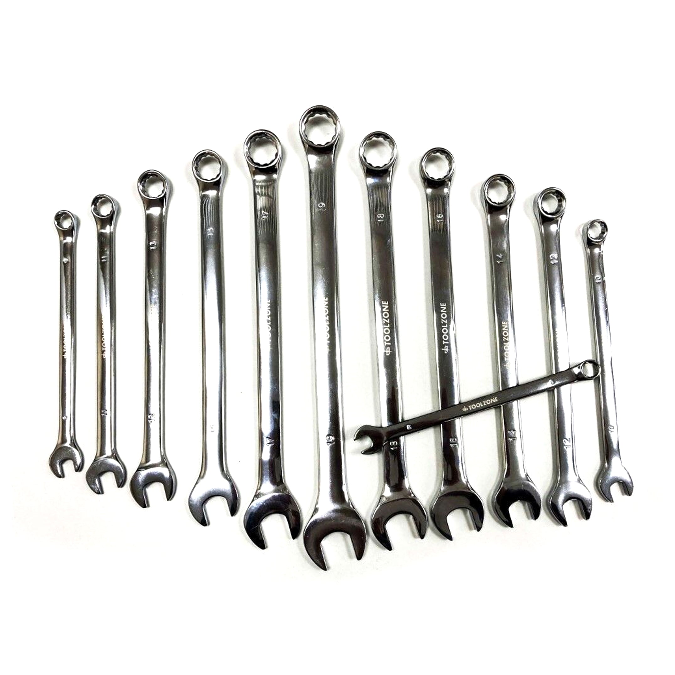 COMBINATION SPANNER SET 12pc EXTRA LONG 8-19mm CHROME VANADIUM IN POUCH - TOOLZONE KDPSP174
