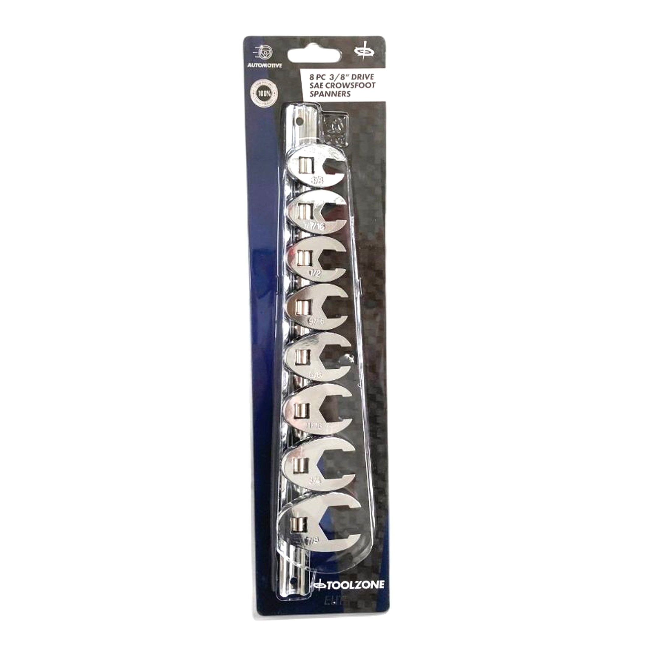 CROWSFOOT SPANNER SET 8pc IMPERIAL 3/8-7/8 CHROME VANADIUM ON RAIL - TOOLZONE KDPSP175