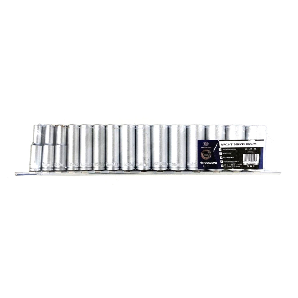 DEEP SOCKET SET 3/8 DRIVE 15pc 8-22mm CRV 6PT ON RAIL - TOOLZONE KDPSS009