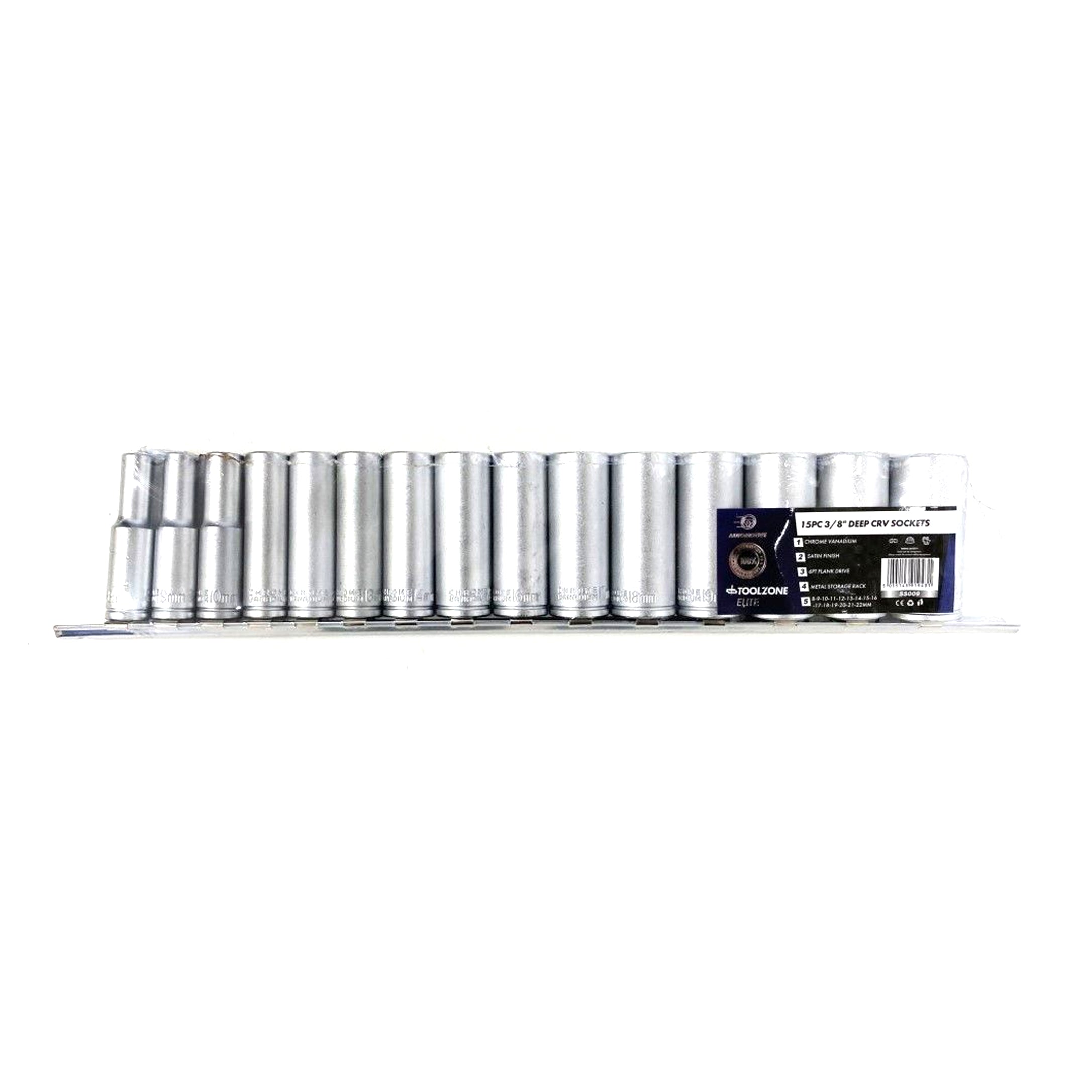 DEEP SOCKET SET 3/8 DRIVE 15pc 8-22mm CRV 6PT ON RAIL - TOOLZONE KDPSS009