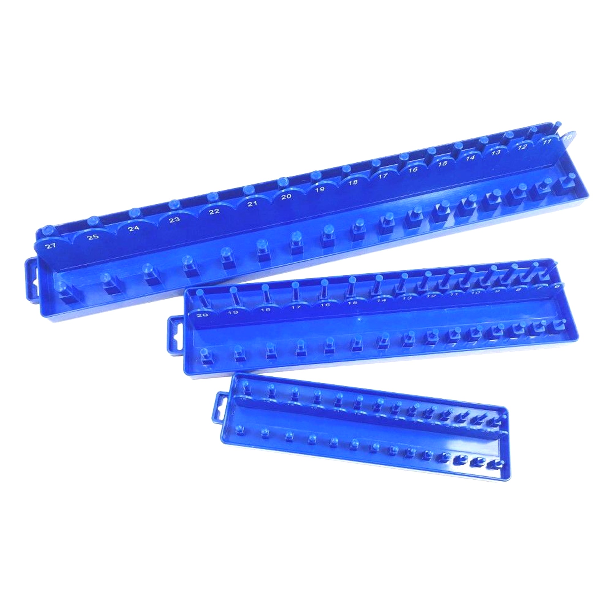 SOCKET HOLDER SET 3pc ABS PLASTIC 1/4 3/8 1/2 DRIVE METRIC MARKED - TOOLZONE KDPSS013