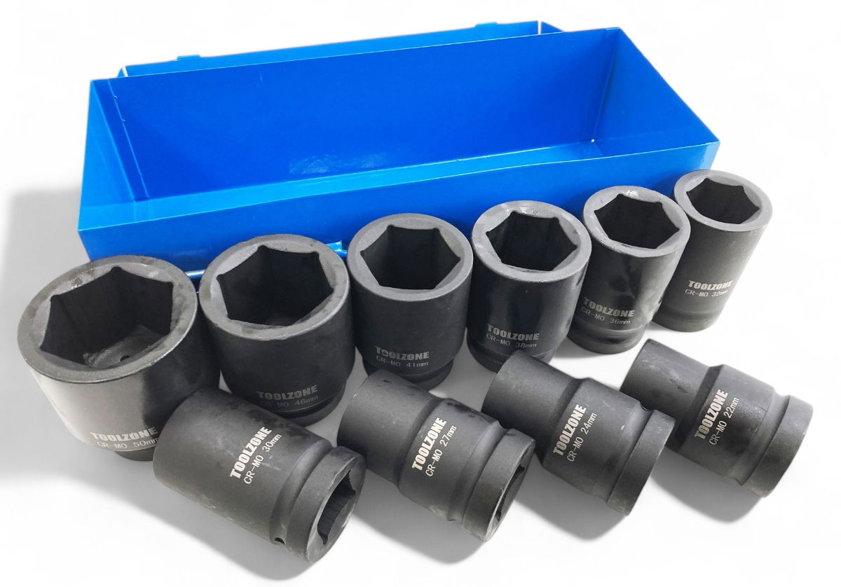 IMPACT SOCKET SET 1 DRIVE DEEP 10pc 22-50mm CHROME MOLYBDENUM - TOOLZONE KDPSS033