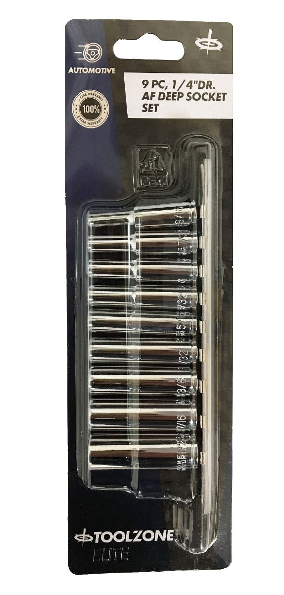 SOCKET SET 1/4 DRIVE DEEP AF 9pc 3/16-1/2 CRV POLISHED - TOOLZONE KDPSS035