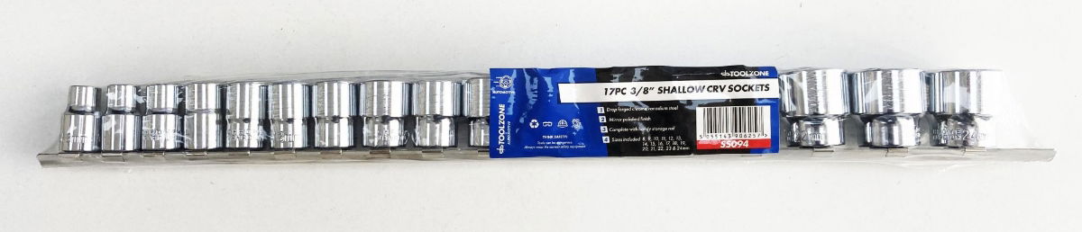 SOCKET SET 3/8 DRIVE SHALLOW CRV 17 PIECES 8-24mm BI HEX - TOOLZONE KDPSS094