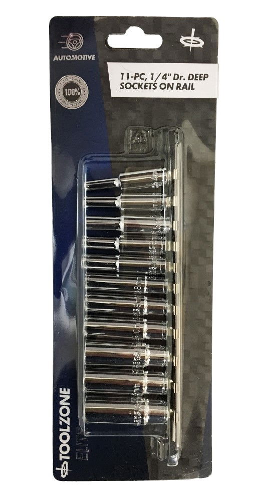 SOCKET SET 1/4 DRIVE DEEP CRV 11 PIECES 4-13mm SINGLE HEX - TOOLZONE KDPSS096