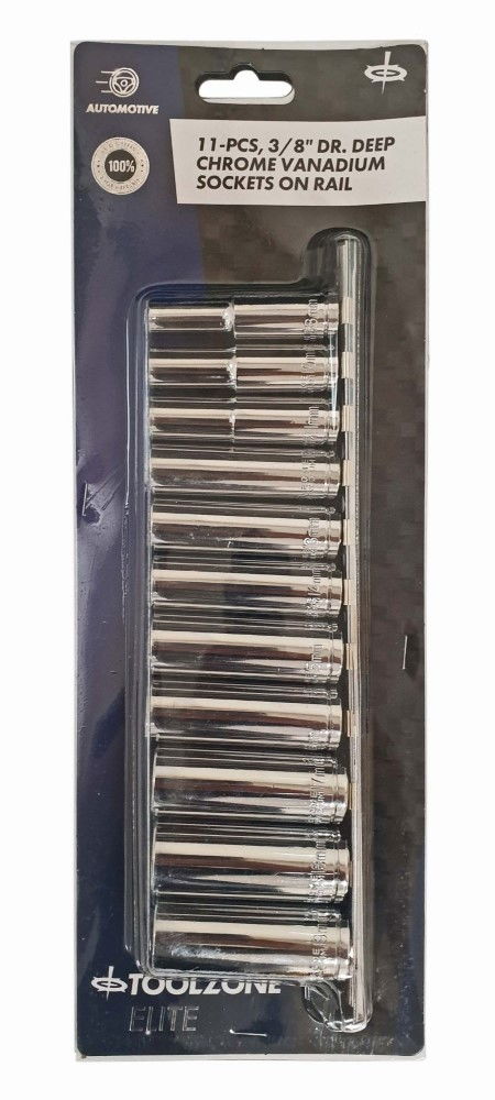 SOCKET SET 3/8 DRIVE DEEP CRV 11 PIECES 8-19mm SINGLE HEX - TOOLZONE KDPSS097