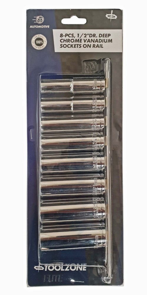 SOCKET SET 1/2 DRIVE DEEP CRV 8 PIECES 13-24mm SINGLE HEX - TOOLZONE KDPSS098