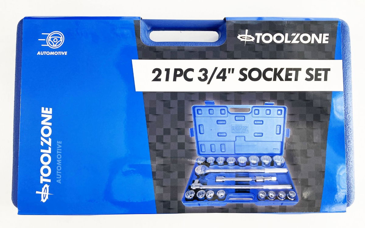 SOCKET SET 3/4 DRIVE 21 PIECES 19-50mm IN BLOW MOLD CASE - TOOLZONE KDPSS116
