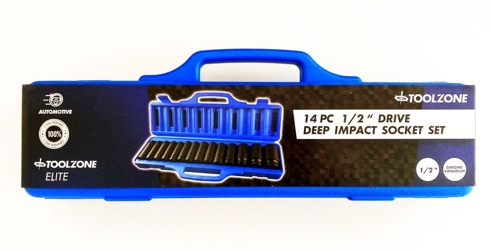 IMPACT SOCKET SET 1/2 DRIVE DEEP 14 PIECES 10-32mm - TOOLZONE KDPSS127
