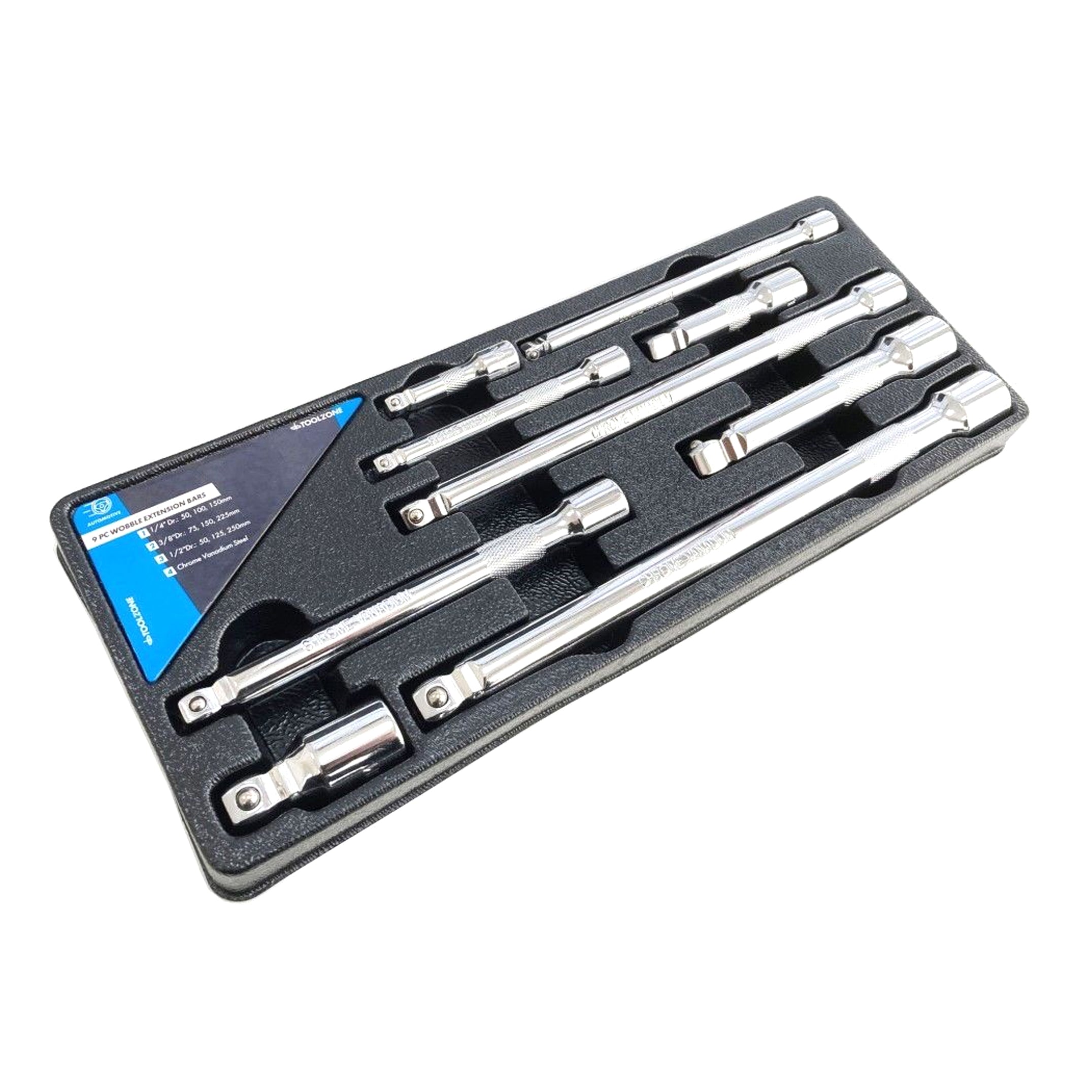 EXTENSION BAR SET WOBBLE CRV 9 PIECES 1/4 3/8 1/2 DRIVE - TOOLZONE KDPSS146