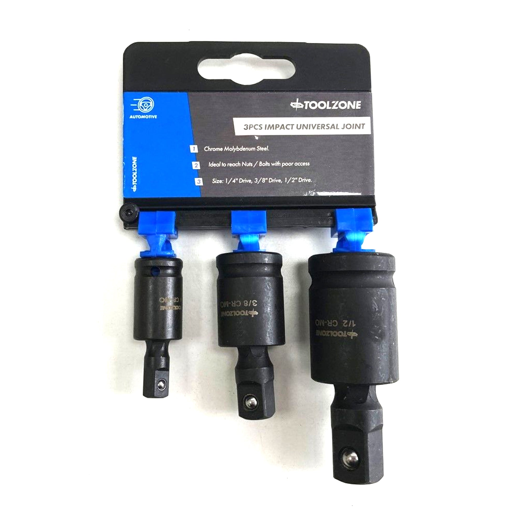 UNIVERSAL JOINT SET IMPACT 3 PIECES 1/4, 3/8, 1/2 CR-MO BLACK FINISH - TOOLZONE KDPSS227