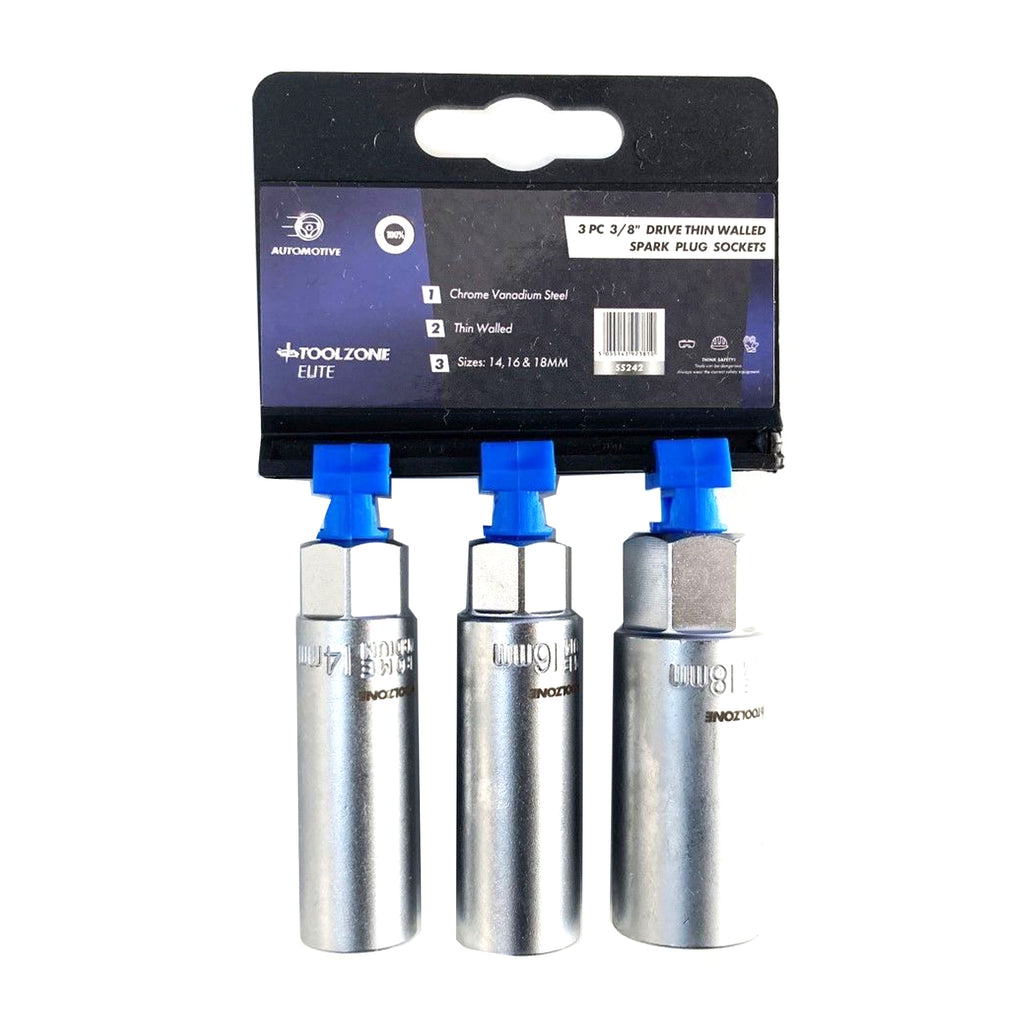 SPARK PLUG SOCKET SET 3/8 DRIVE 3 PIECES 14mm 16mm 18mm THIN WALL SATIN FINISH - TOOLZONE KDPSS242
