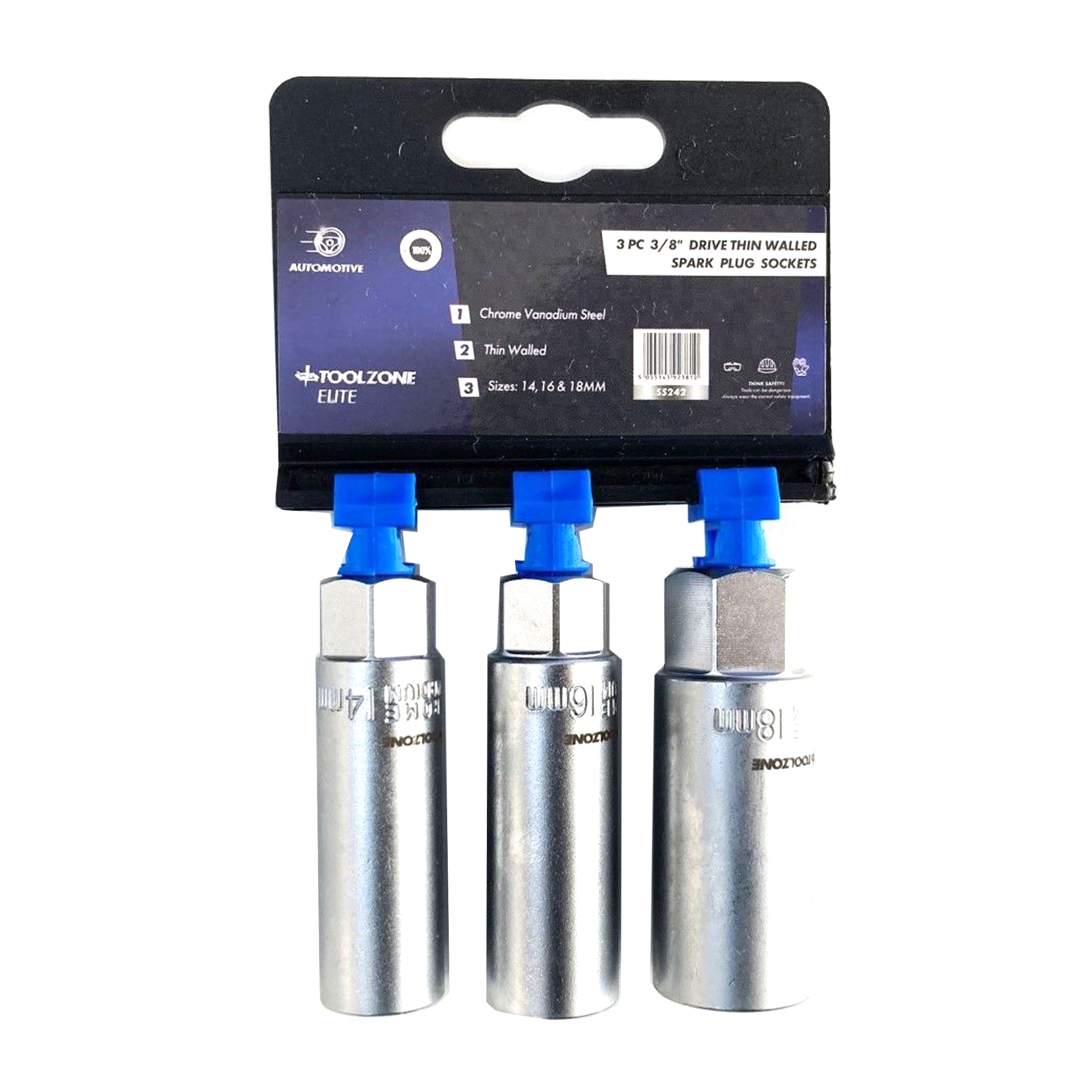 SPARK PLUG SOCKET SET 3/8 DRIVE 3 PIECES 14mm 16mm 18mm THIN WALL SATIN FINISH - TOOLZONE KDPSS242
