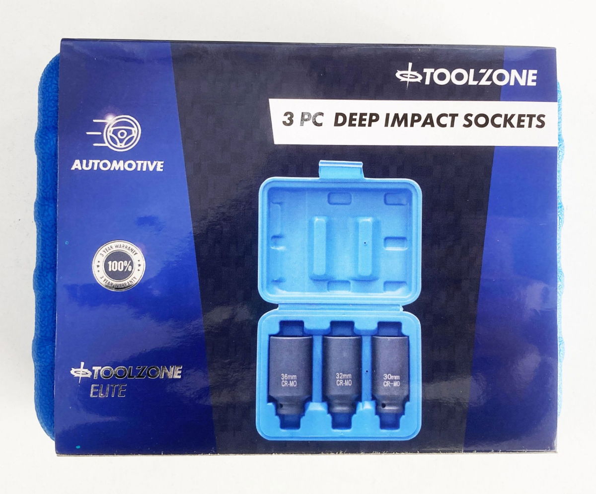 IMPACT SOCKET SET 3 PIECES 1/2 DRIVE 30mm 32mm 36mm THIN WALL BLACK FINISH - TOOLZONE KDPSS248