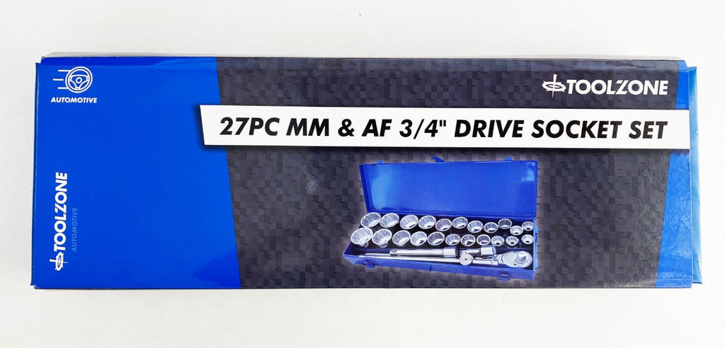 SOCKET SET 27 PIECES 3/4 DRIVE METRIC AND AF 12 POINT IN METAL CASE - TOOLZONE KDPSS259