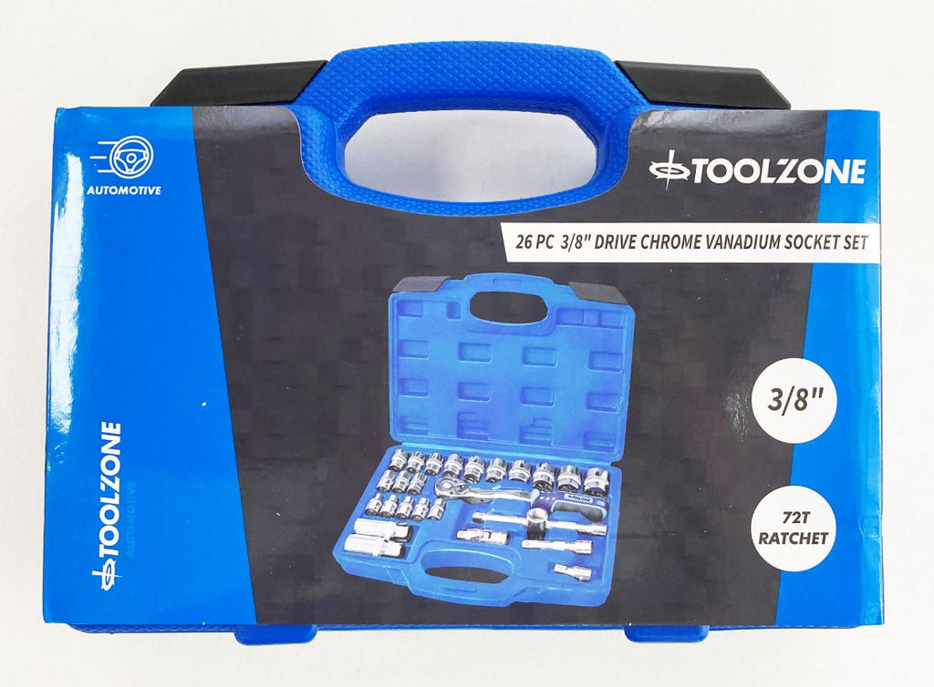 SOCKET SET 26 PIECES 3/8 DRIVE 6mm-24mm MIRROR POLISH CRV IN CASE - TOOLZONE KDPSS260