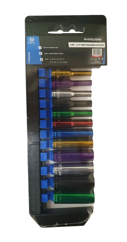 DEEP SOCKET SET 12 PIECES 1/4 DRIVE MM CRV COLOUR CODED 4mm-13mm - TOOLZONE KDPSS314