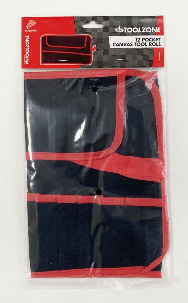 TOOL ROLL 12 POCKET CANVAS WATER RESISTANT 44x28cm RED AND BLACK - TOOLZONE KDPTB029