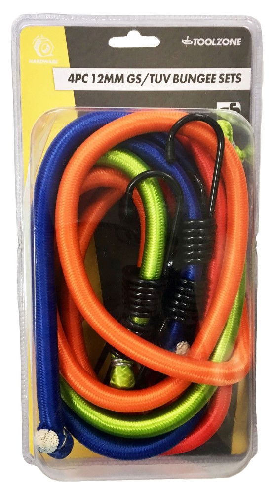 BUNGEE SET 4PC ASSORTED 12mm 600mm 900mm 1200mm 1500mm - TOOLZONE KDPTD006