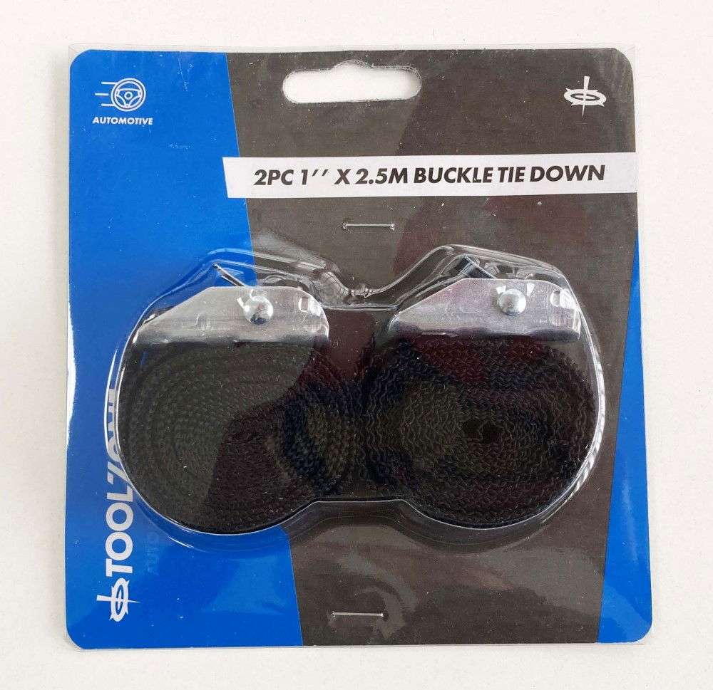 TIE DOWN BUCKLE TYPE 2PC 2.5m 180-200kg CAPACITY 250kg BREAKING STRAIN - TOOLZONE KDPTD028