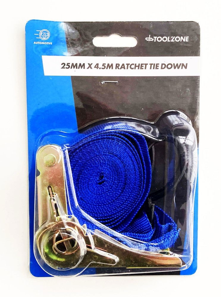 RATCHET TIE DOWN 25mm x 4.5m 100kg BREAKING STRENGTH - TOOLZONE KDPTD031