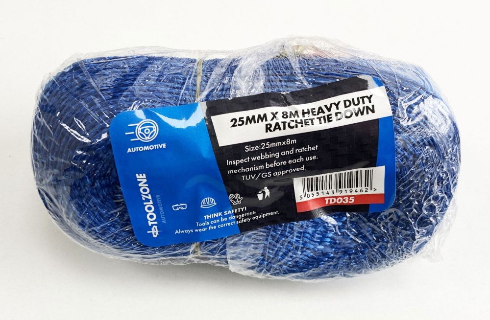 HEAVY DUTY RATCHET TIE DOWN 1 x 8m 400kg CAPACITY - TOOLZONE KDPTD035