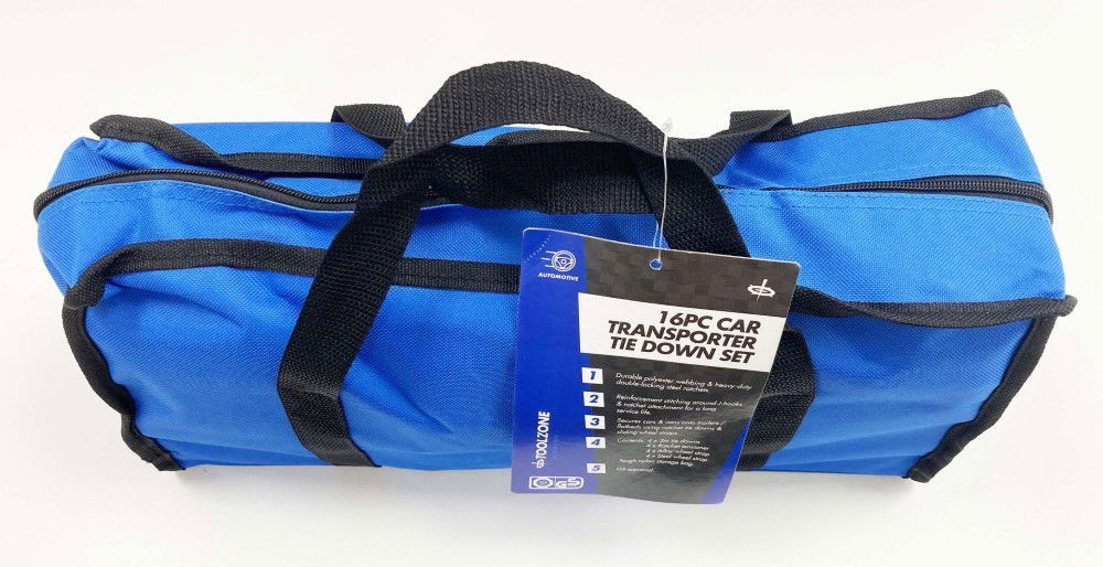CAR TRANSPORTER SET 16PC INCLUDES RATCHET TIE DOWNS AND CHOKER STRAPS - TOOLZONE KDPTD068