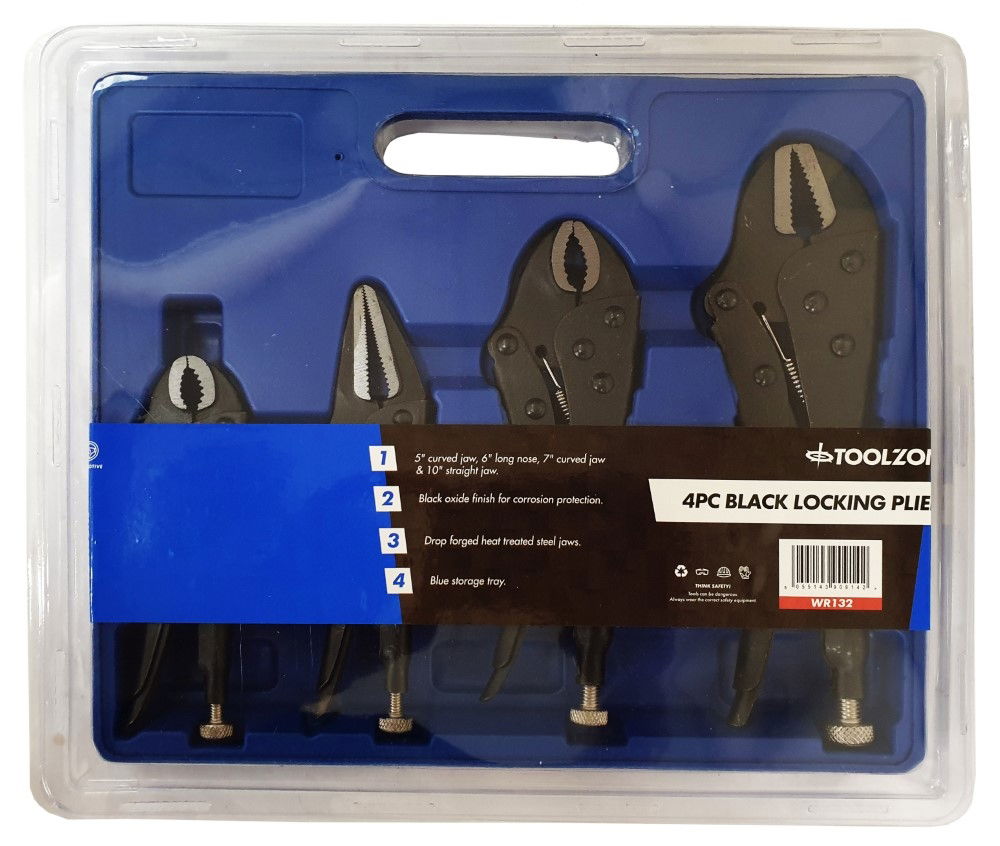 LOCK PLIERS SET BLACK 4 PIECE 5 7 CURVED JAW 6 LONG NOSE 10 STRAIGHT JAW - TOOLZONE KDPWR132