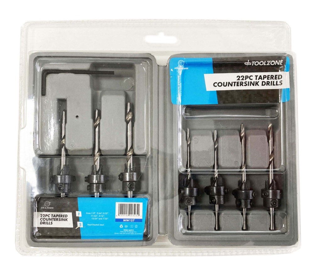 TAPERED COUNTERSINK DRILL SET 22PC HEAT-TREATED STEEL SIZES 1/8 TO 7/32 - TOOLZONE KDPWW127