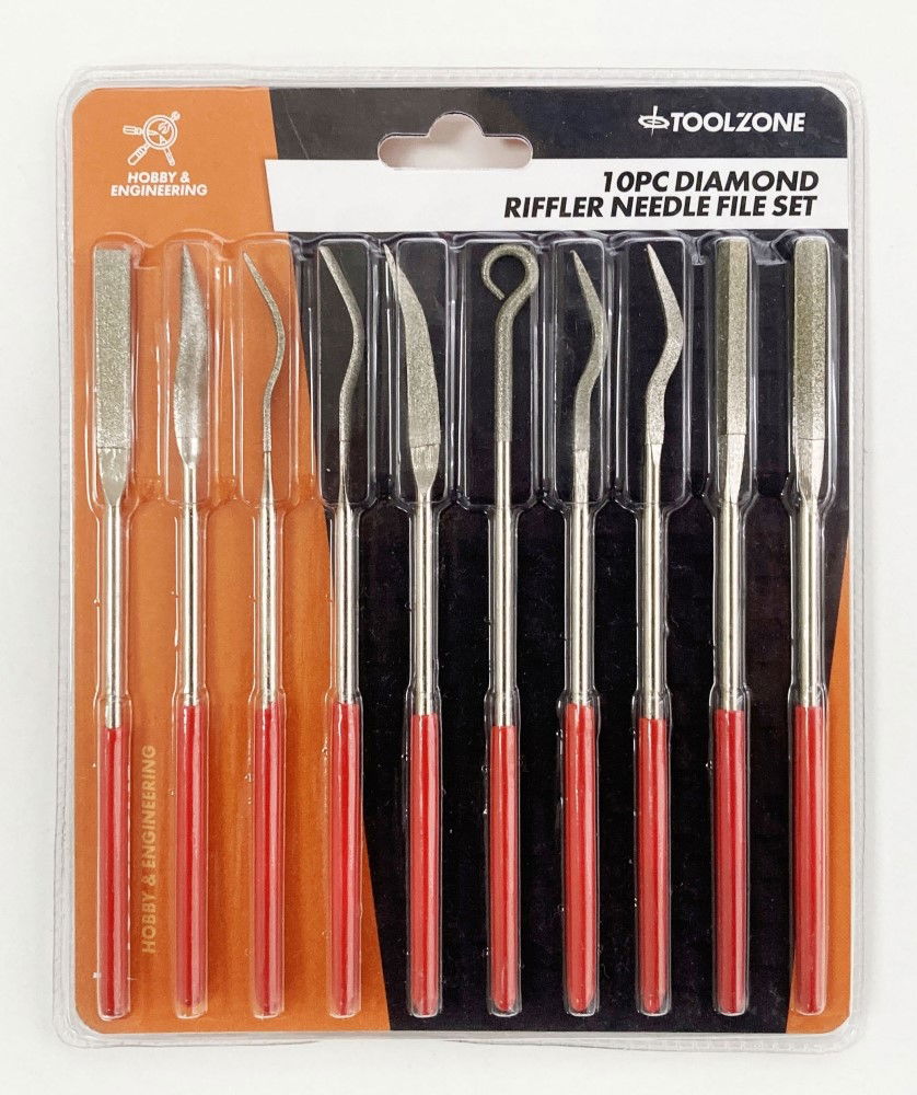 DIAMOND RIFFLER NEEDLE FILES 10PC 120 GRIT WITH PVC HANDLES - TOOLZONE KDPWW205