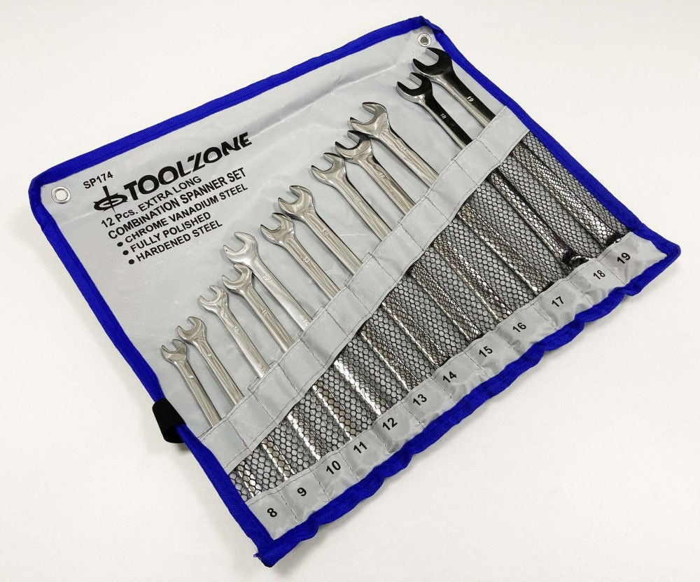 COMBINATION SPANNER SET 12pc EXTRA LONG 8-19mm CHROME VANADIUM IN POUCH - TOOLZONE KDPSP174