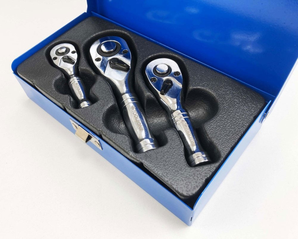 STUBBY RATCHET HANDLE SET 3pc 1/4 3/8 1/2 DRIVE 72 TEETH CRV - TOOLZONE KDPSS015