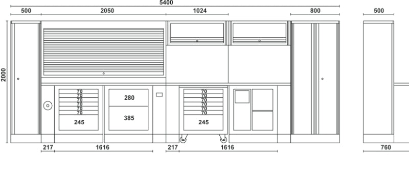 Comprehensive Workshop Equipment Set with Cabinets, Workbenches, Mobile Roller Cab, Tool Panels, 5.4x2.00x0.76m - BetaRSC55 C55