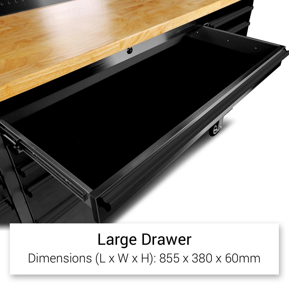72 Matte Black Steel 15 Drawer Tool Chest with Solid Wooden Top, 3 Upper Cabinets and Peg Board