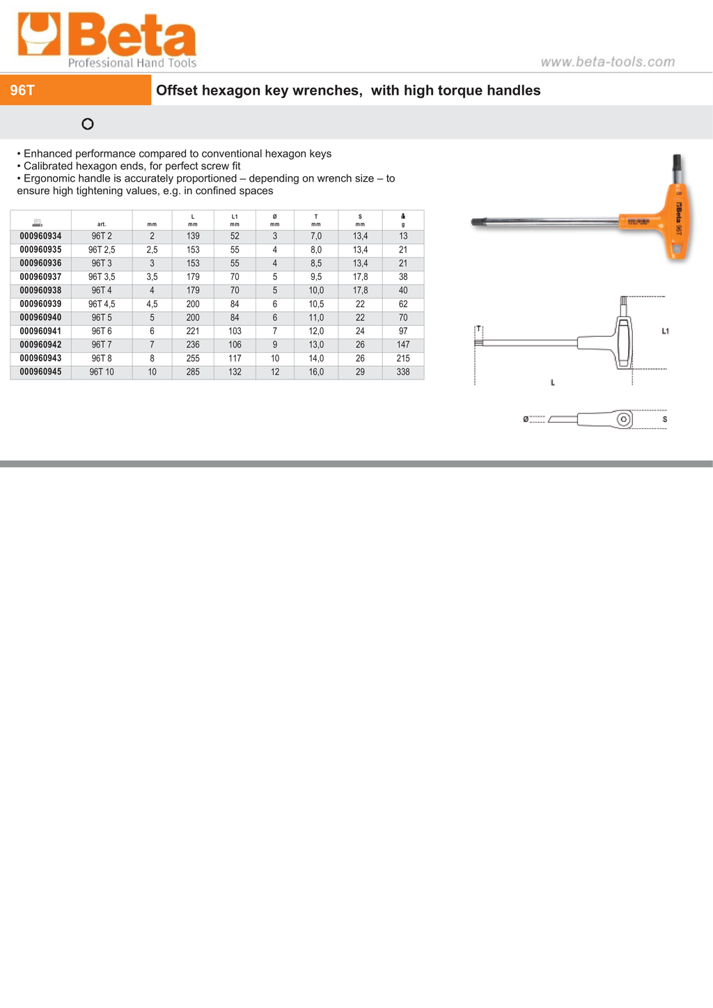Offset Hexagon Key Wrench with High Torque Handle 3mm - Beta Tools 96T 3