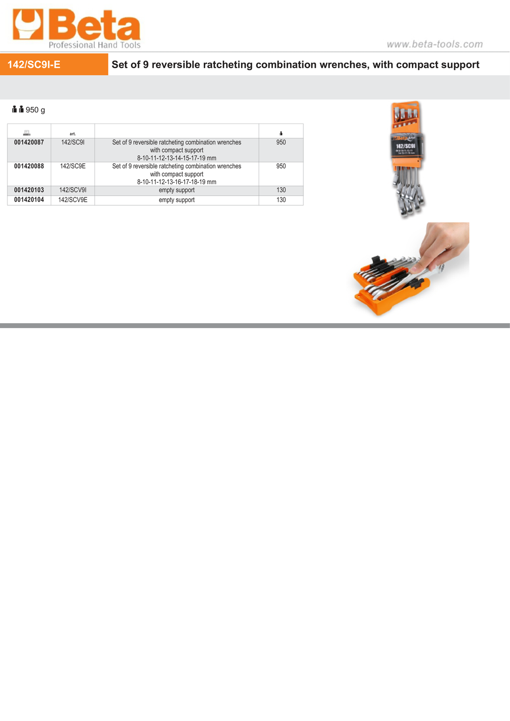 Reversible Ratcheting Combination Spanner Wrench Set with Compact Support 8mm - 19mm (9 Pieces) - Beta Tools 142/SC9I