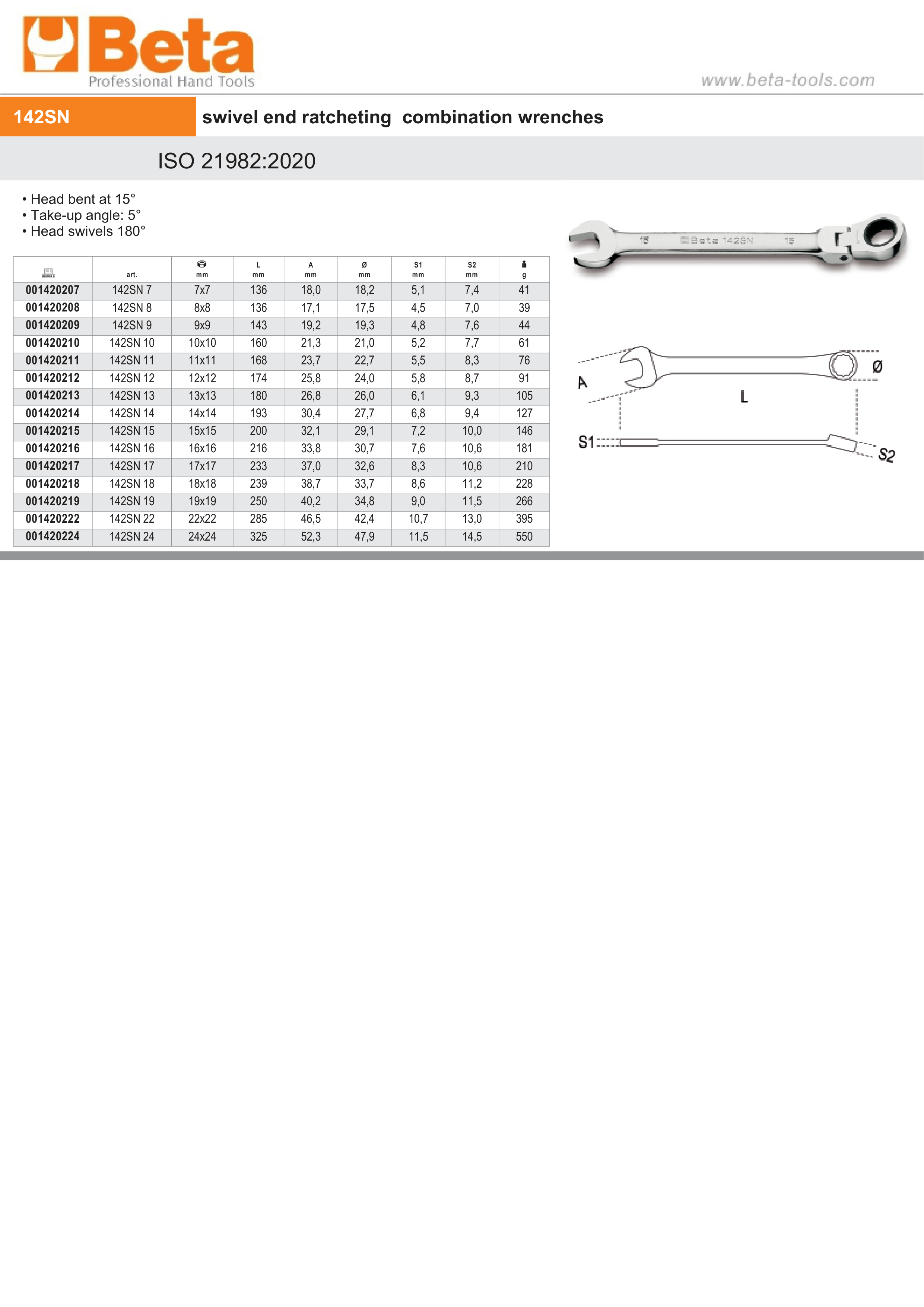 Swivel End Ratcheting Combination Spanner Wrench 9mm - Beta Tools 142SN 9