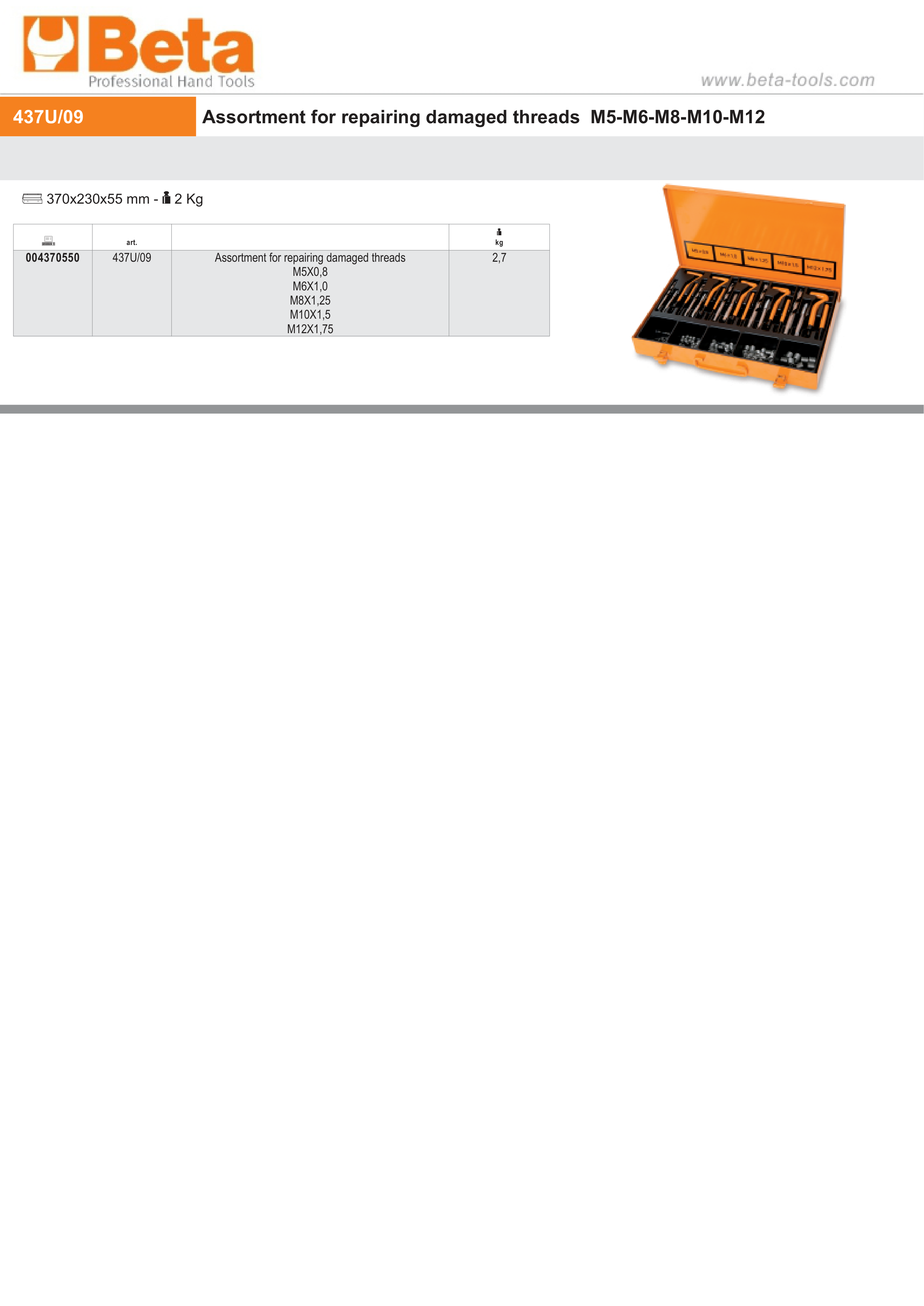 Assortment for Repairing Damaged Threads M5 - M12 370x230x55mm - Beta Tools 437U/09