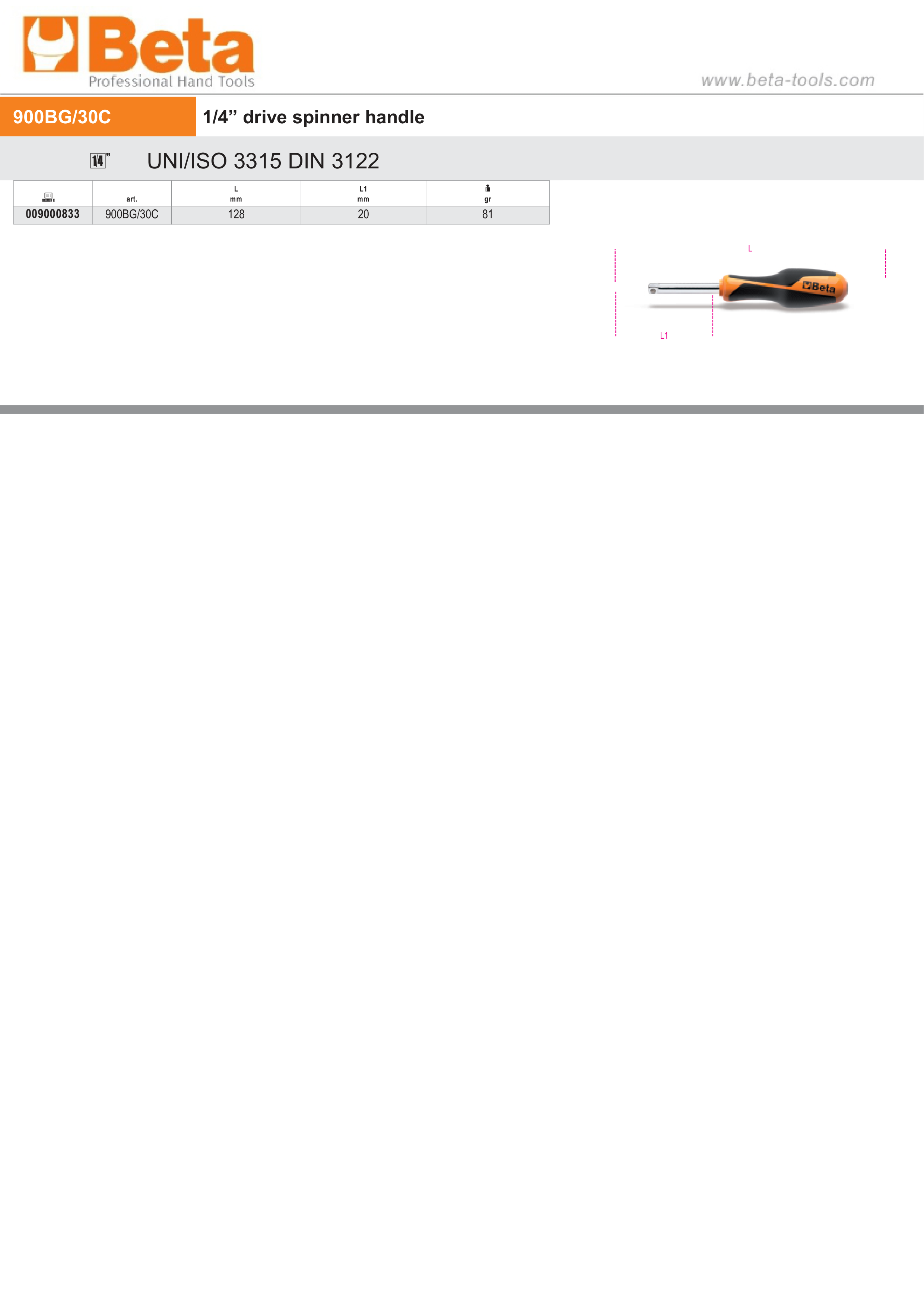 Spinner Handle, 1/4 Drive, 128mm Length - Beta Tools 900BG/30C